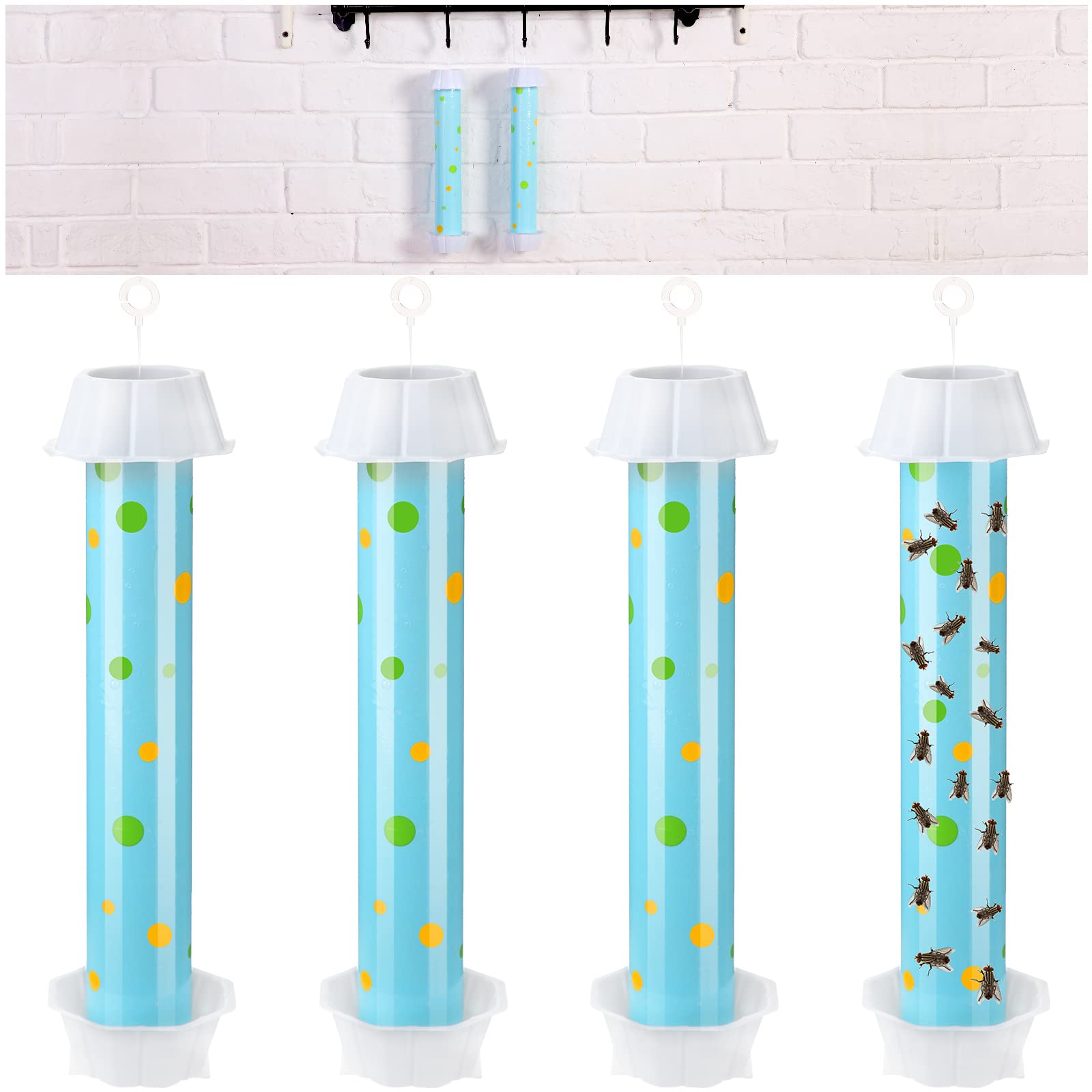 Qualirey 4 Pcs Sticky Fly Trap Fly Stick with Hanging Hook Adhesive Flying for Indoor Outdoor Trap Houseflies and Flying Insects Mosquito Bee Moth (Blue Polka Dots)