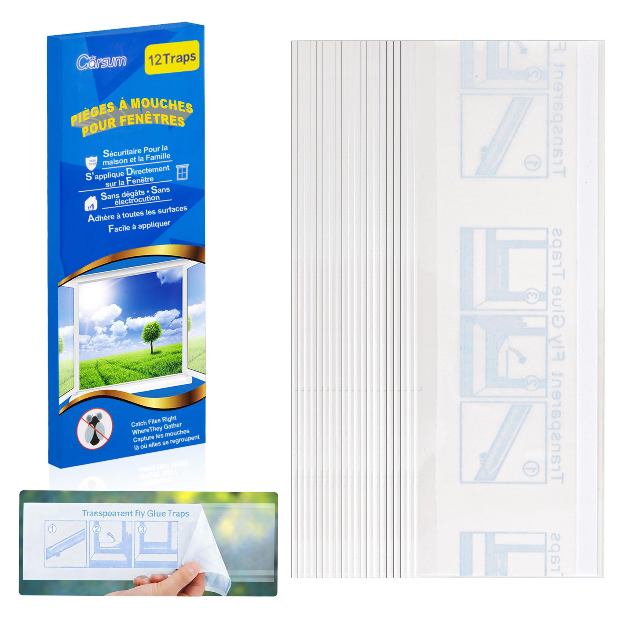 Garsum Window Fly Traps Indoor, Fly Paper Bug Sticky Strips, House Fly Killer Window Decal Non-Toxic，12 Pack