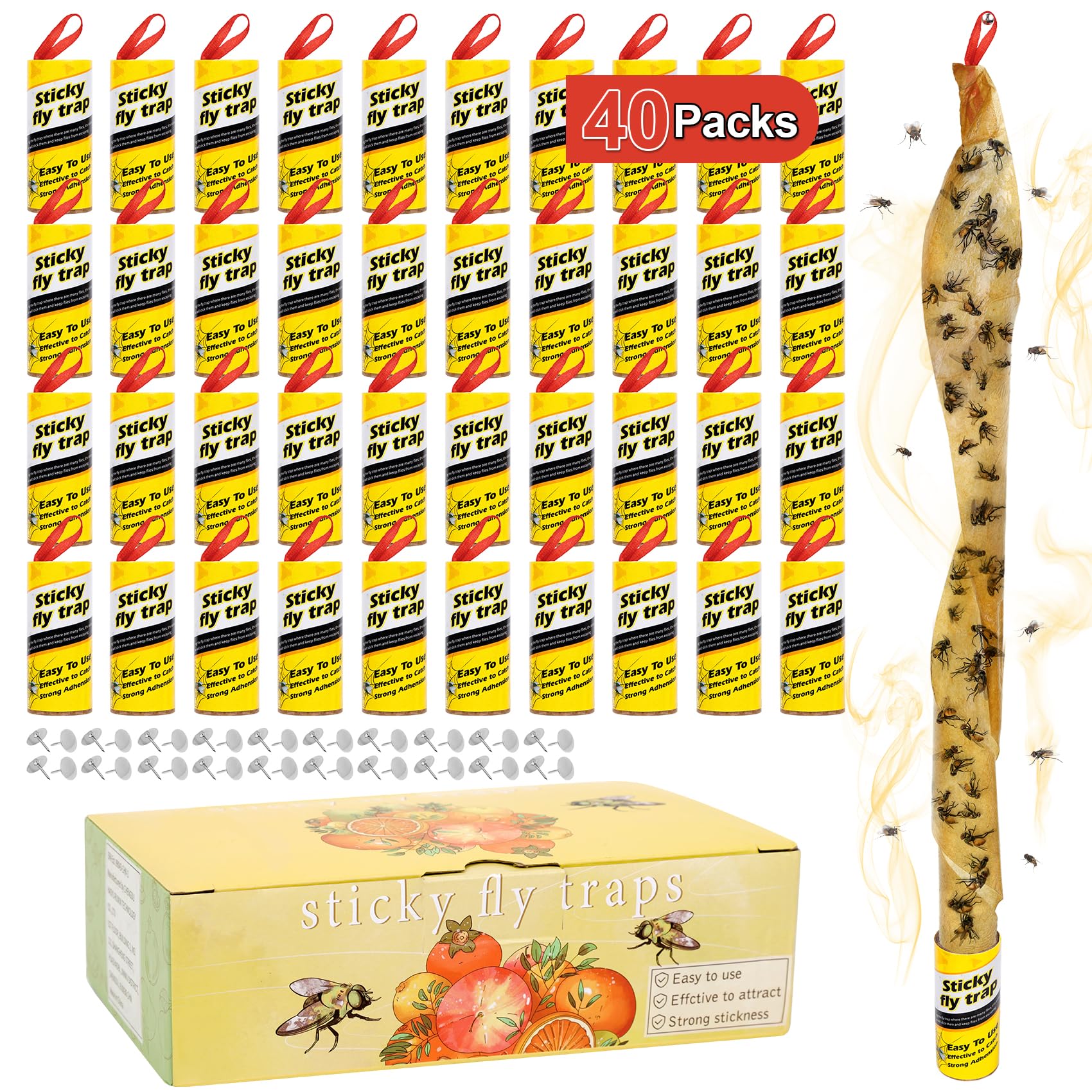 40 Pack Fly Strips Indoor Hanging Fly Trap Outdoor Sticky with Pins