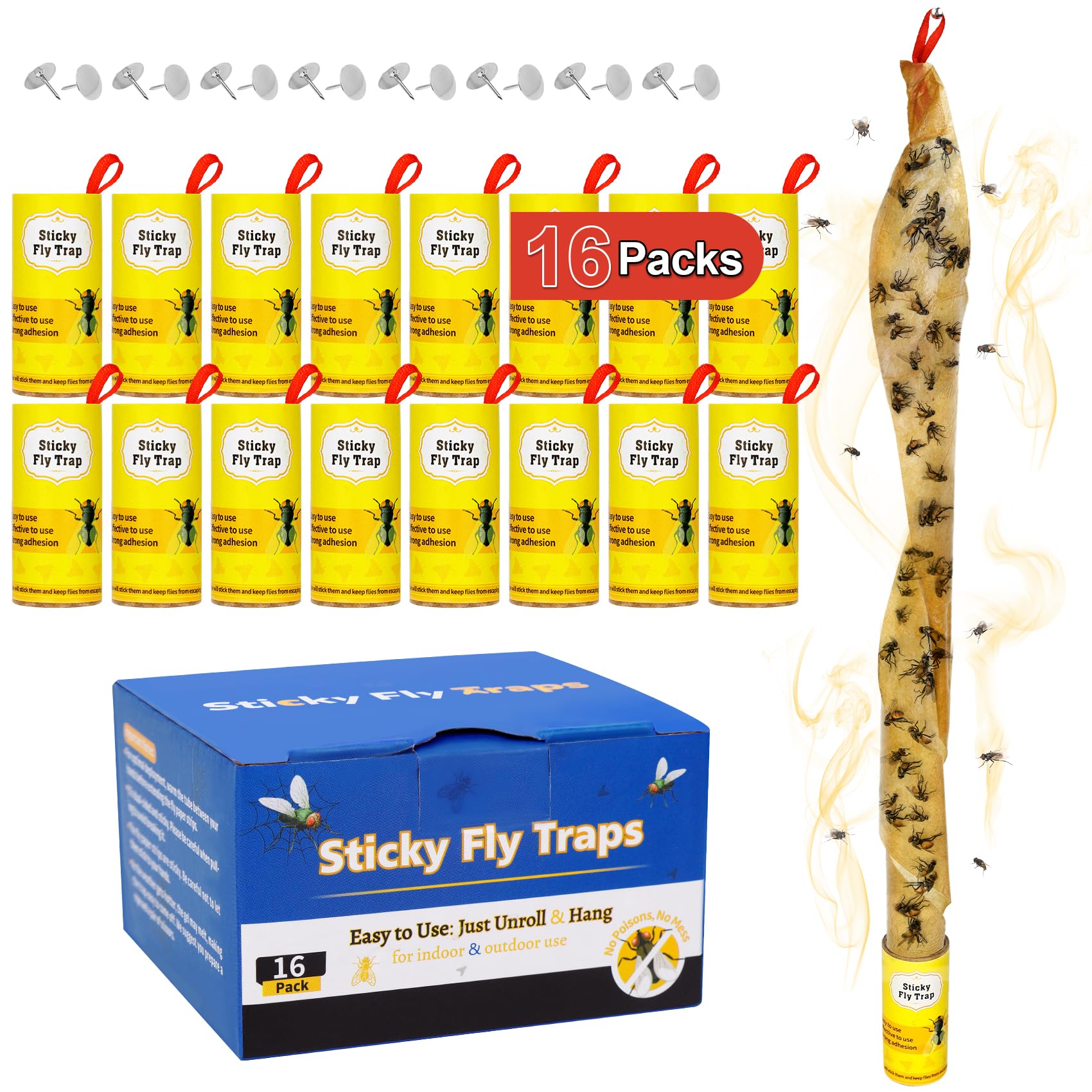 16 Pack Fly Strips Sticky Hanging Fly Trap Indoor Outdoor with Pins