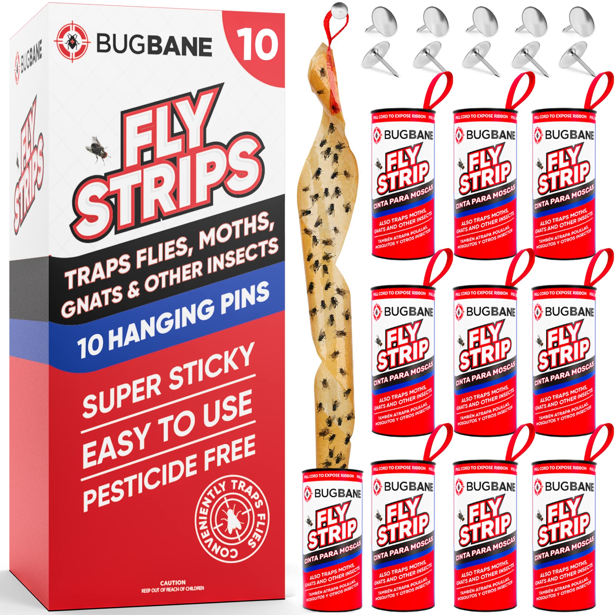 Fly Strips Indoor Sticky Hanging 10pk with Pins. Non Toxic Outdoor Fly Trap Indoor for Home. Flies Tape Paper Trap Ribbon Roll for House Gnat Fruit and Housefly. Bug Catchers for Inside Home Flypaper.