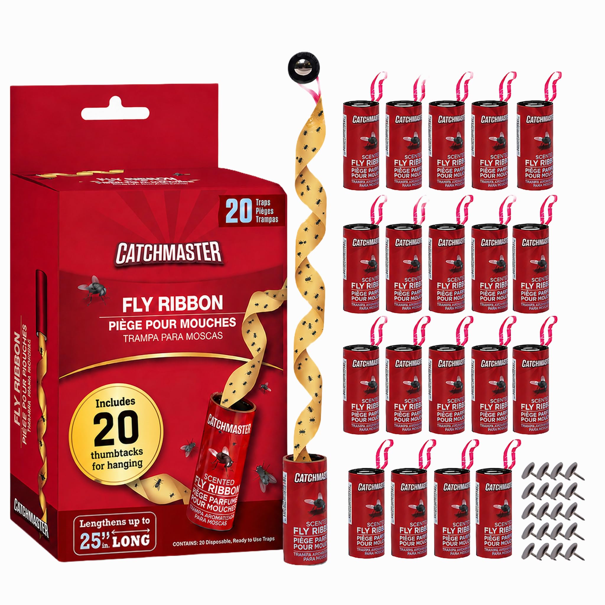Catchmaster Fly Ribbon 20 Pack, Fly Strips Indoor Sticky Hanging Fly Tape