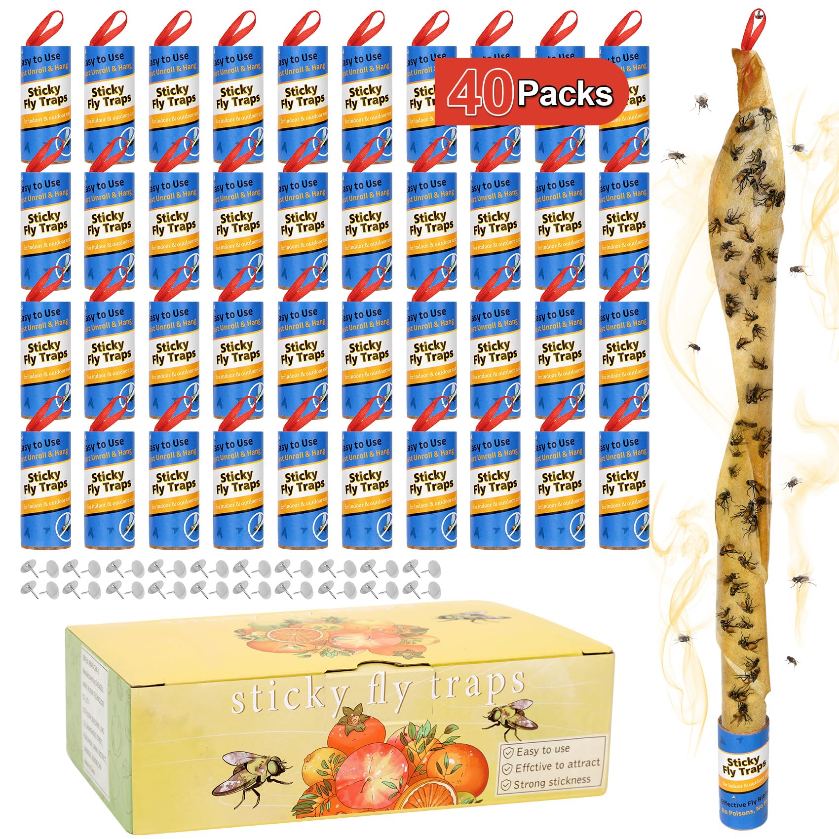 40 Pack Fly Strips Indoor Hanging Fruit Fly Trap Outdoor Sticky