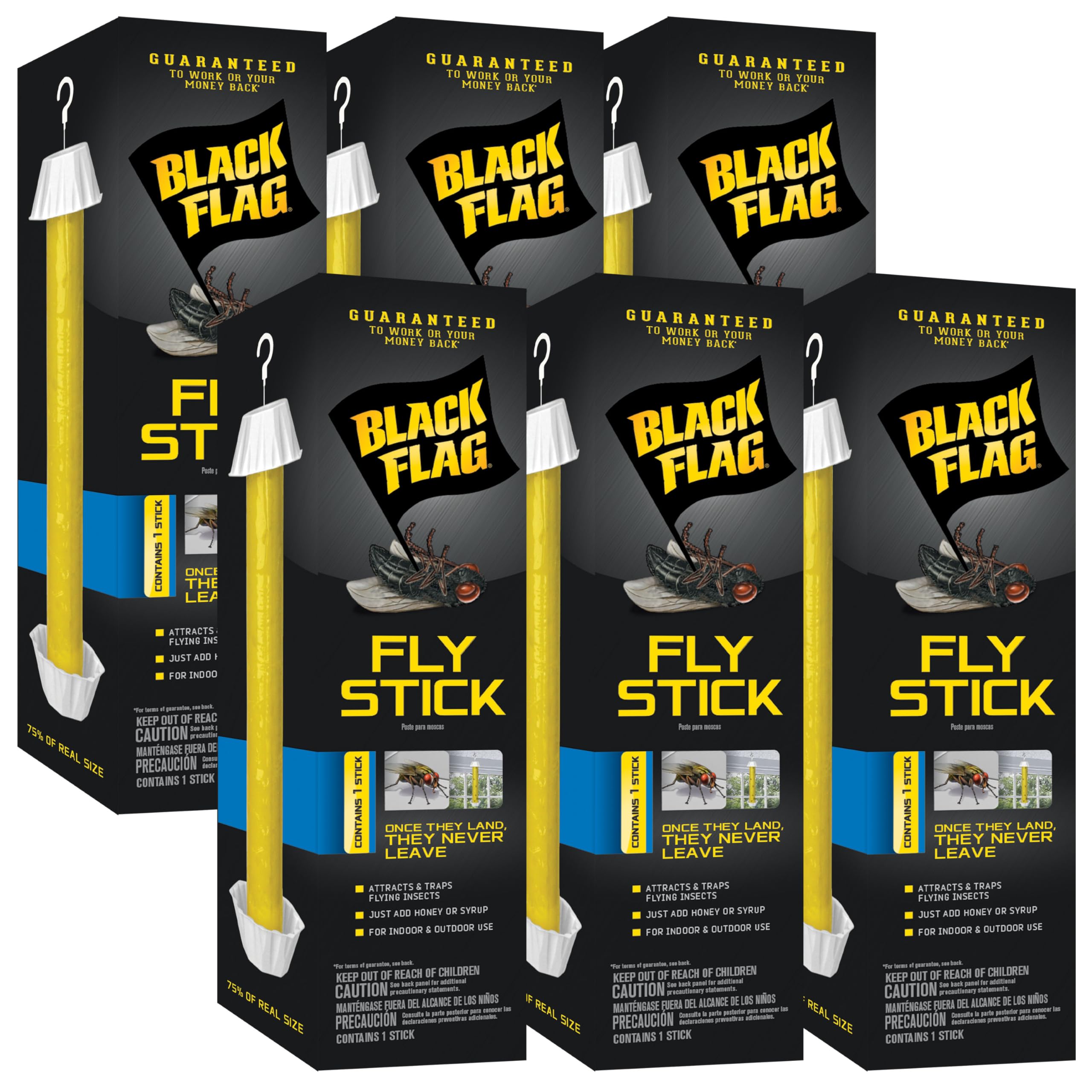 Black Flag Fly Stick, Trap Houseflies and Flying Insects, Pack of 6