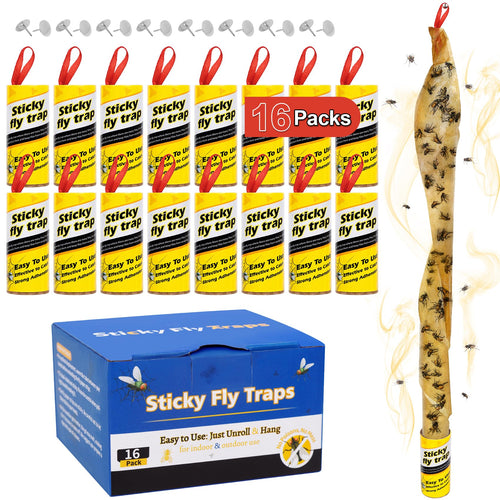 16 Pack Fly Strips Indoor Hanging Fly Trap Outdoor Sticky with Pins