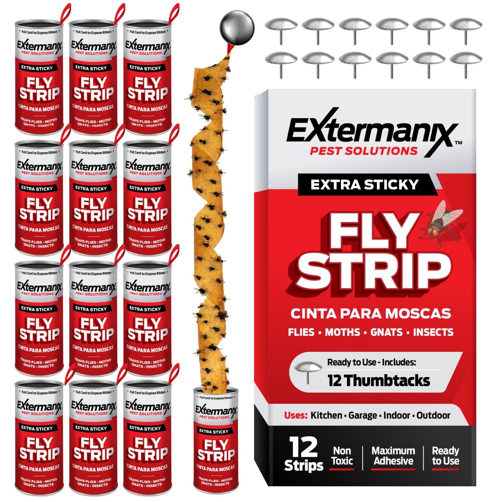 Fly Strips for Gnats, Fruit Flies & House Flies – Extra Sticky Fly Paper – Indoor Sticky Hanging Fly Tape for Home & Kitchen – Non-Toxic Fly Ribbon Rolls with Pins – 12 Pack